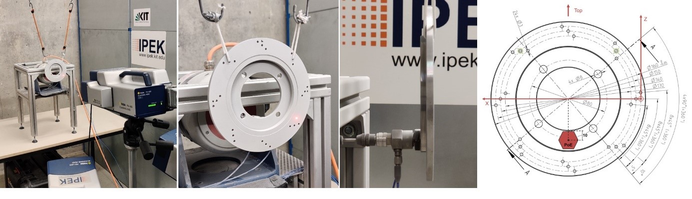 Fig. 2: left: Measurement setup, middle left: prepared disk, middle right/ right: Point of Excitation (red)