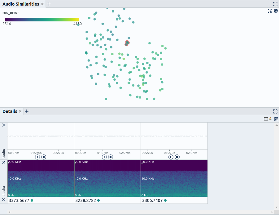 Fig. 4: Using representations of complex data such as audio data or spectrograms in conjunction with dimensionality techniques can help finding near duplicates. Here embeddings coming from a pre-trained audio embedding model are reduced to two dimensions using UMAP.