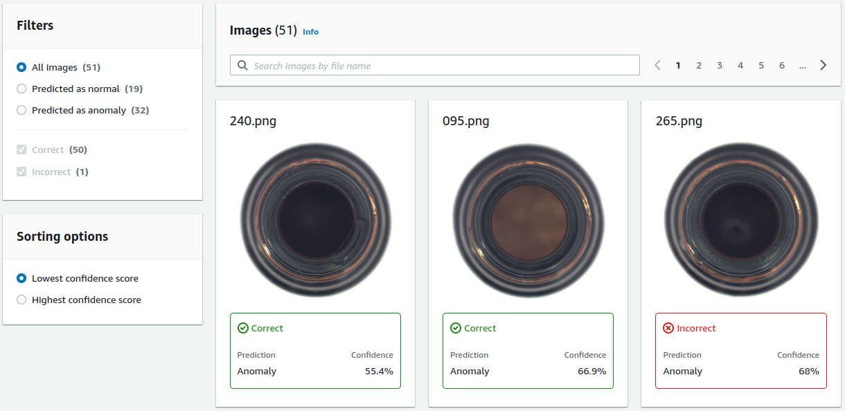 Fig. 7: On Amazon Lookout for Vision can evaluate your model predictions on an instance level browsing through a list similar to the annotation interface.